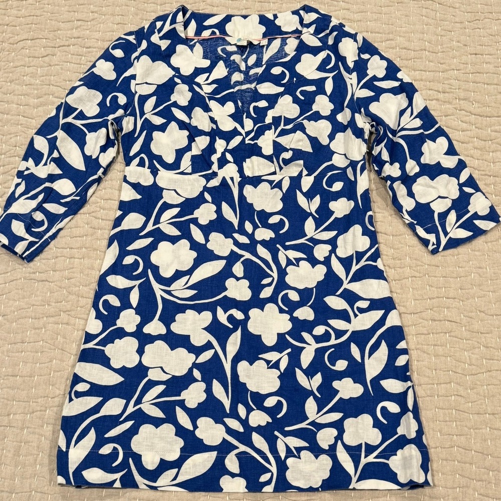 Boden Dress 4P Blue White Floral Linen Waist Coastal Resort Chic